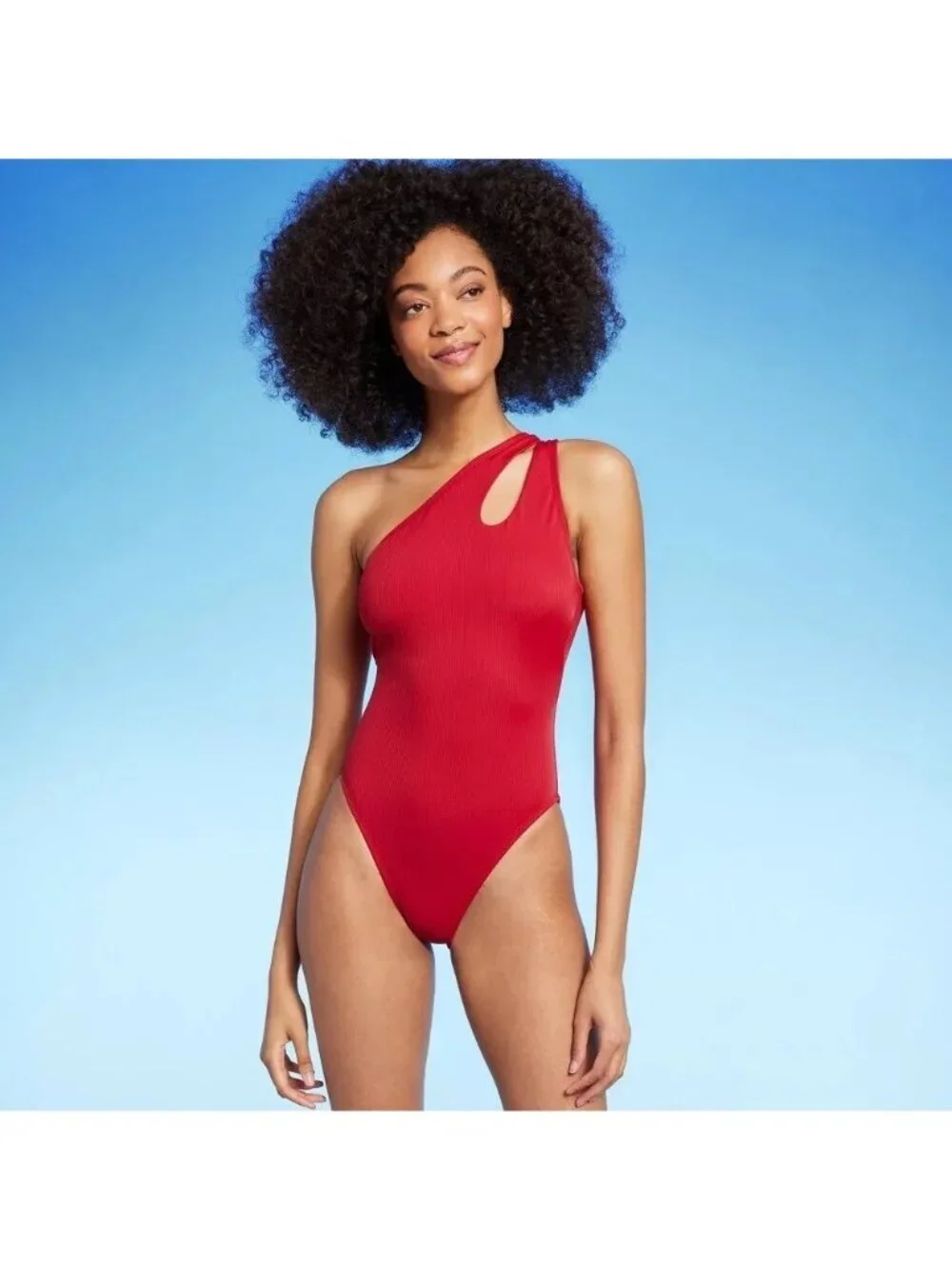 Shade & Shore Red Cut Out 1 Shoulder & Ribbed Texture 1 Pc Swimsuit -- Small 4-6